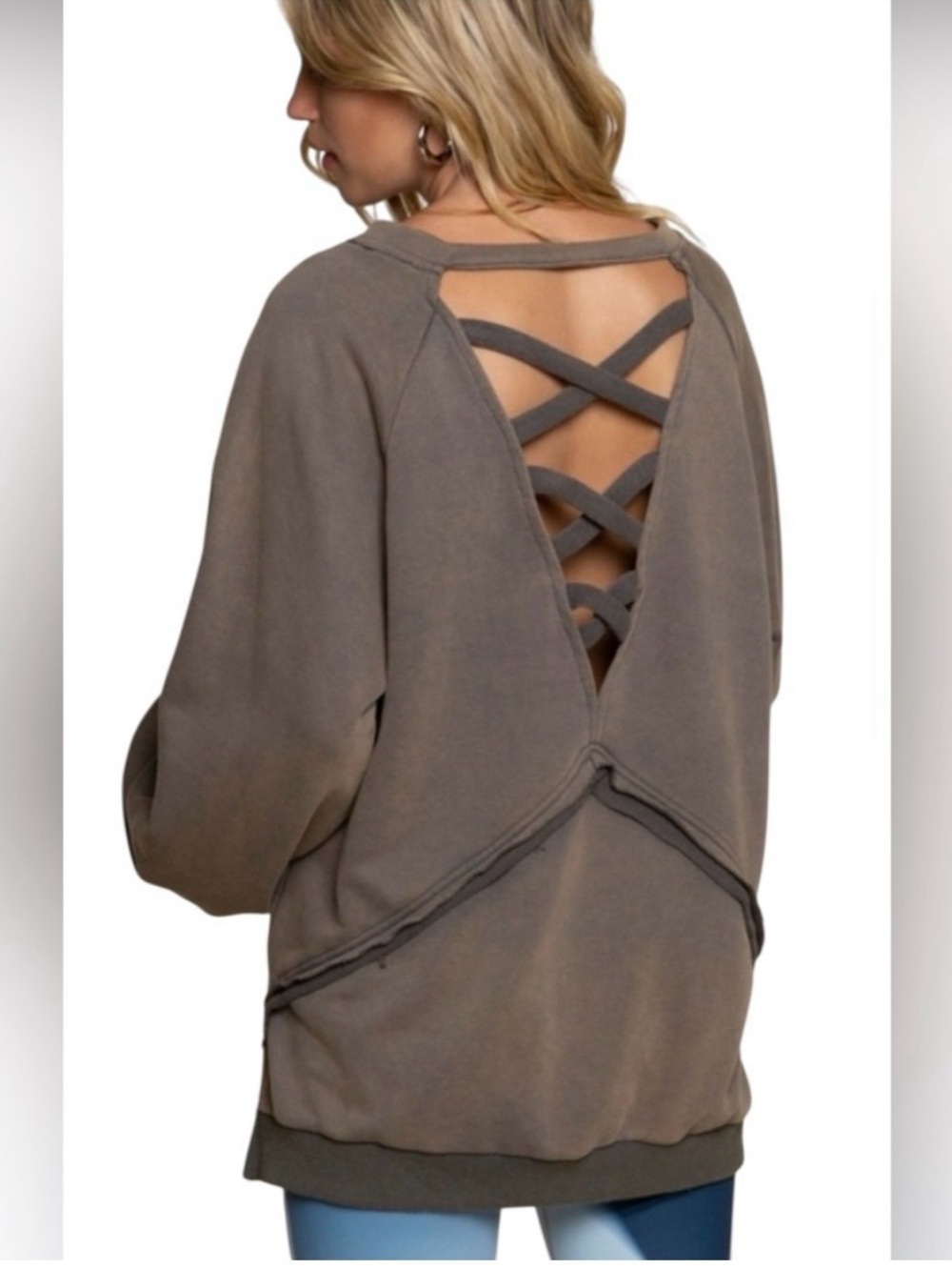 POL Women’s Brown‎ French Terry Lattice-Back Relaxed Pullover Sweatshirt Sz M